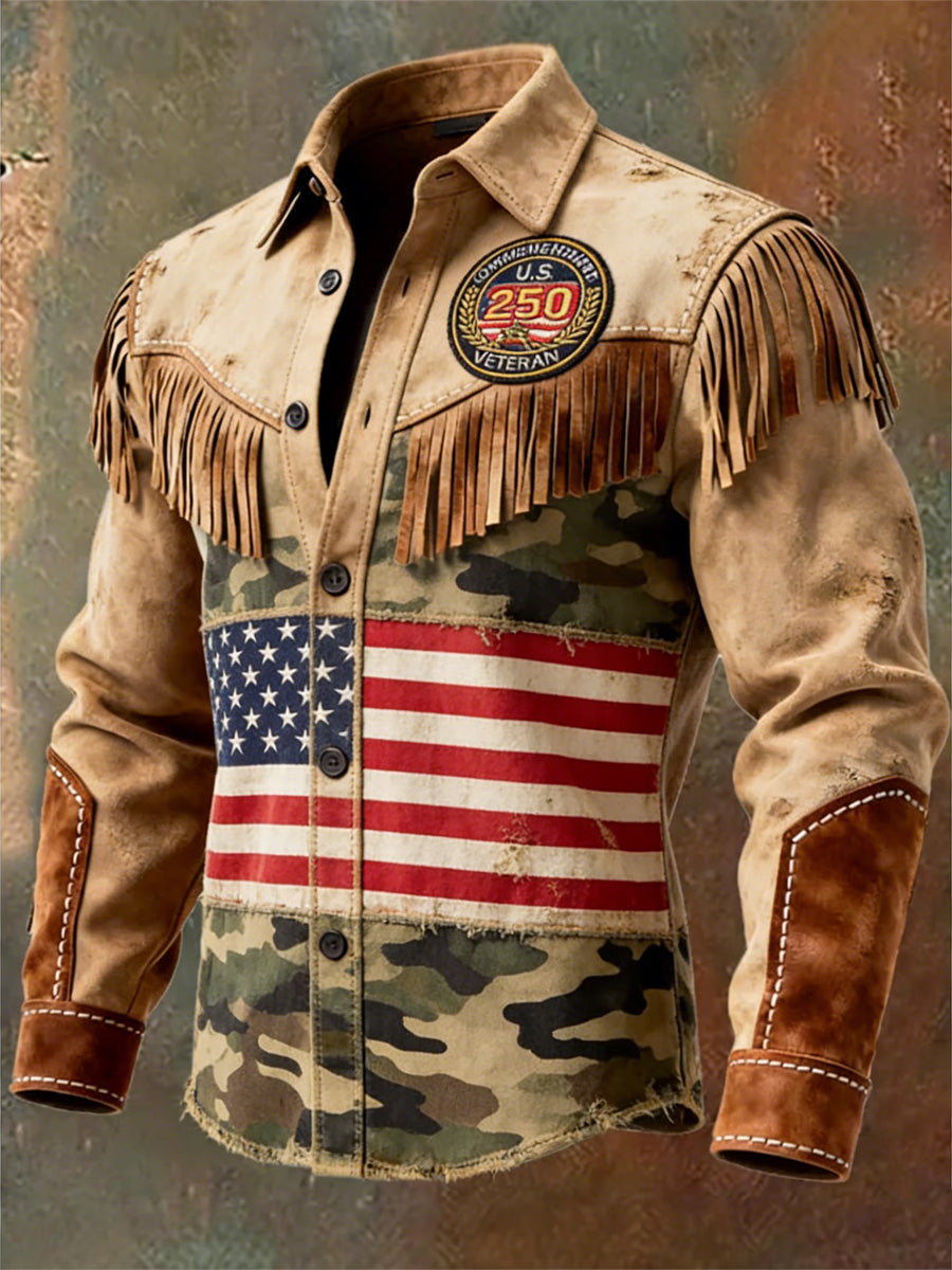 Men's Retro U.S 250 Commemorative Veteran Print Western Vintage Tassel Casual Long Sleeve Shirt